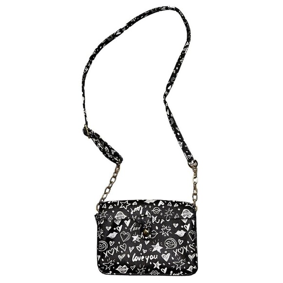 XOXO Graffiti Black White Purse Half Chain Strap‎ Card Slot Inside Front Pocket - Picture 1 of 6